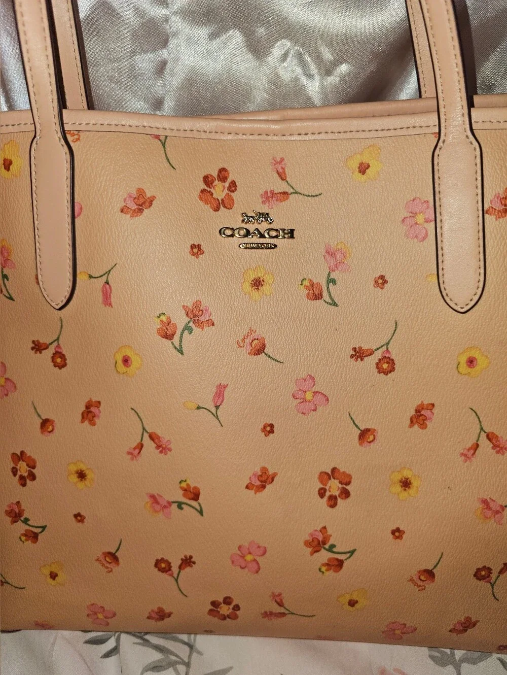 Coach Peach Floral Print Leather City Tote -